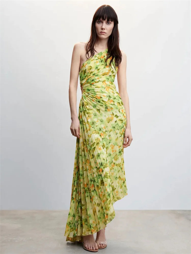 Female  Dress Gown Pleated One-Shoulder Sleeveless  Party Solid Maxi Casual Dress Mssaz Desses
