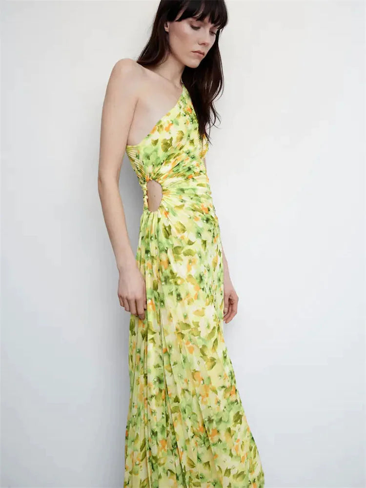 Female  Dress Gown Pleated One-Shoulder Sleeveless  Party Solid Maxi Casual Dress Mssaz Desses