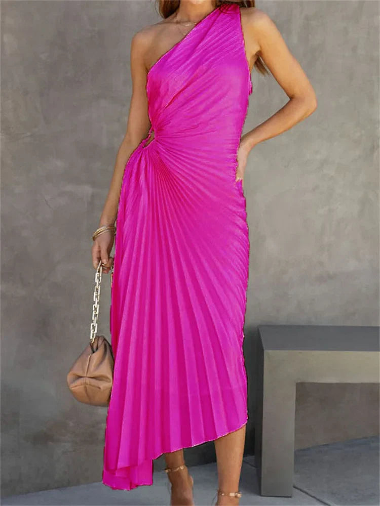 Female  Dress Gown Pleated One-Shoulder Sleeveless  Party Solid Maxi Casual Dress Mssaz Desses