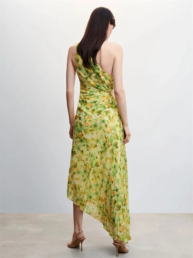 Female  Dress Gown Pleated One-Shoulder Sleeveless  Party Solid Maxi Casual Dress Mssaz Desses