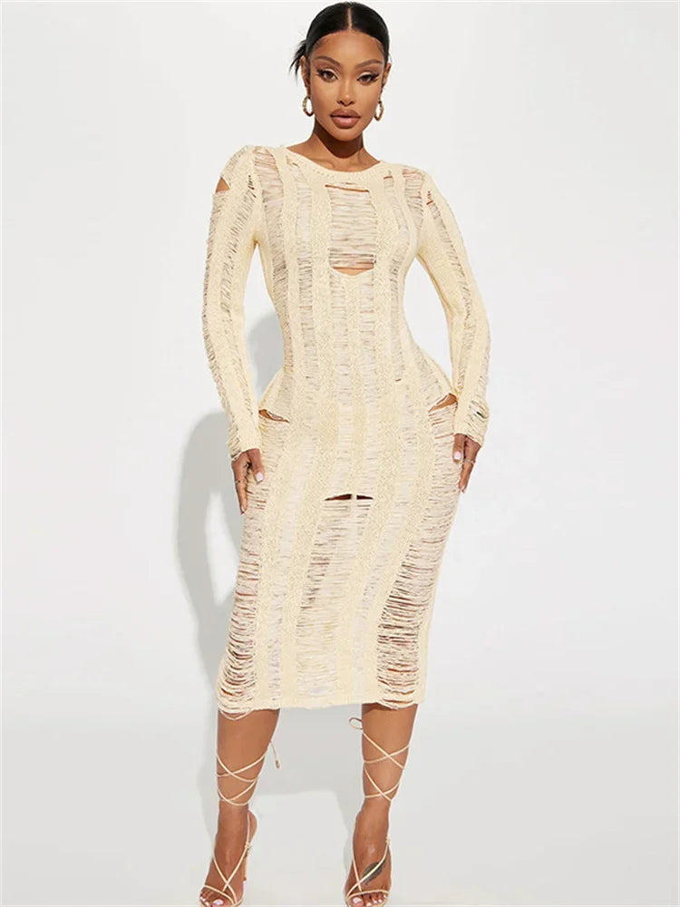 Hollow Out Knit Broken Long Dress Female See-Through Sleeve Slim High Waist Solid Knitwear  Casual Dress Mssaz Desses