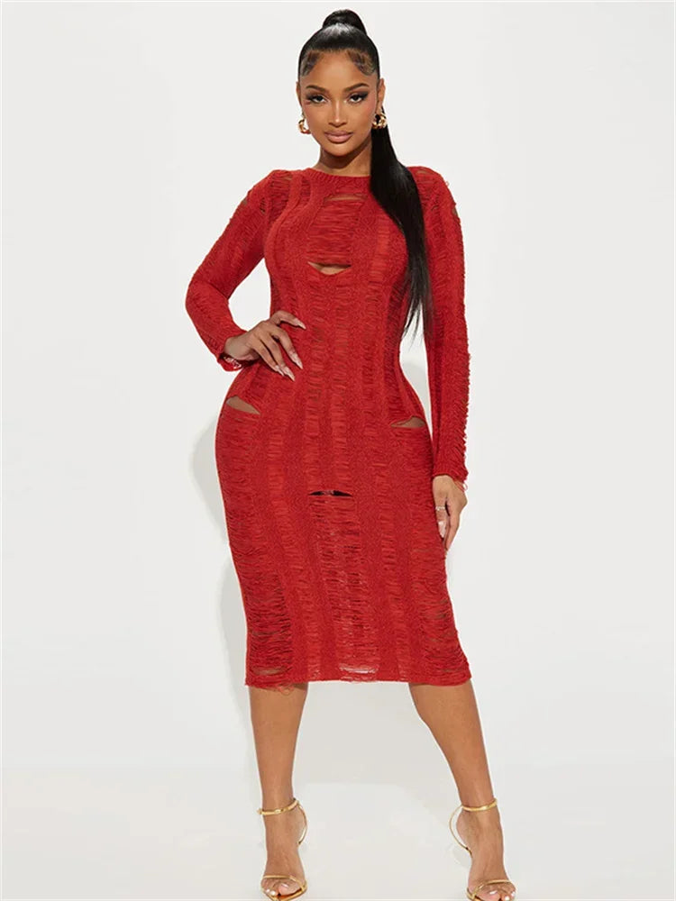 Hollow Out Knit Broken Long Dress Female See-Through Sleeve Slim High Waist Solid Knitwear  Casual Dress Mssaz Desses