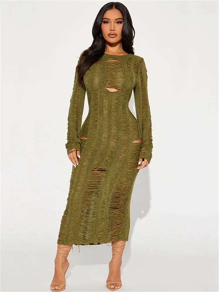 Hollow Out Knit Broken Long Dress Female See-Through Sleeve Slim High Waist Solid Knitwear  Casual Dress Mssaz Desses
