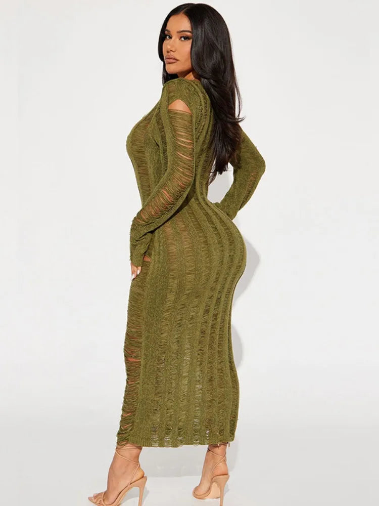 Hollow Out Knit Broken Long Dress Female See-Through Sleeve Slim High Waist Solid Knitwear  Casual Dress Mssaz Desses