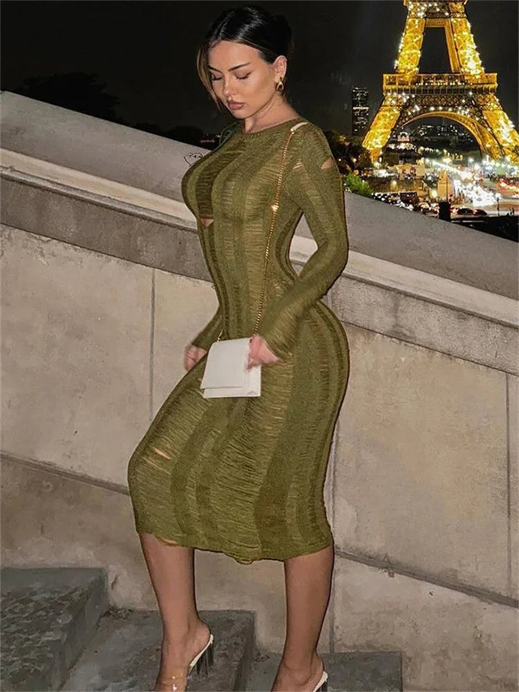 Hollow Out Knit Broken Long Dress Female See-Through Sleeve Slim High Waist Solid Knitwear  Casual Dress Mssaz Desses