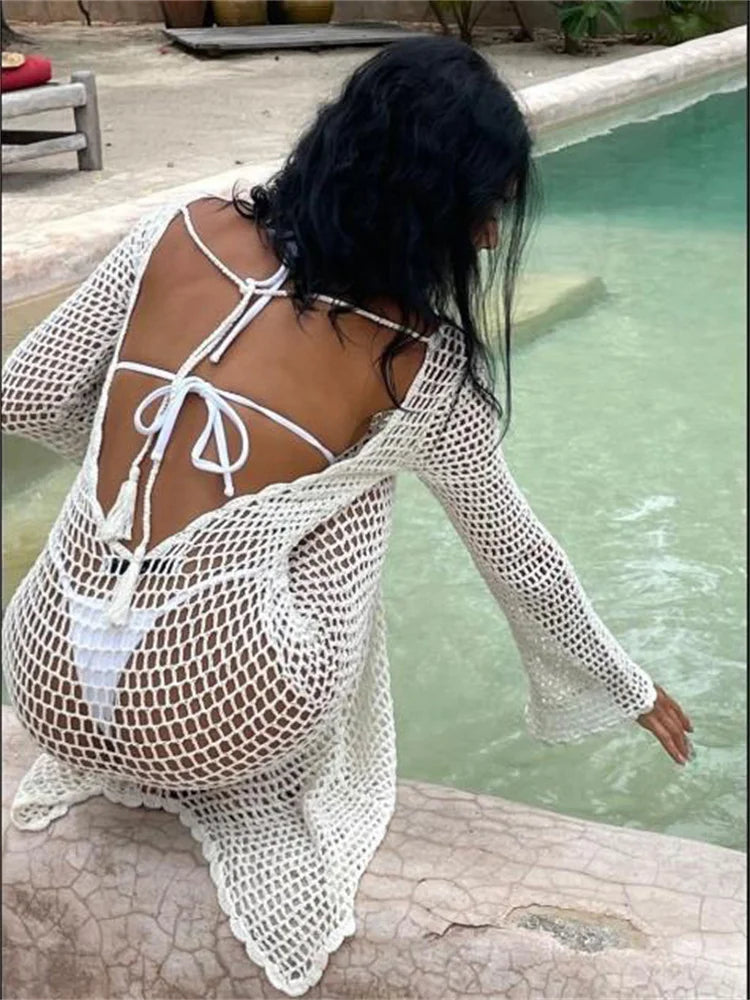 Hollow Out Knit See-Through  Long Sleeve Backless Beach Holiday Clothes New Casual Dress Mssaz Desses