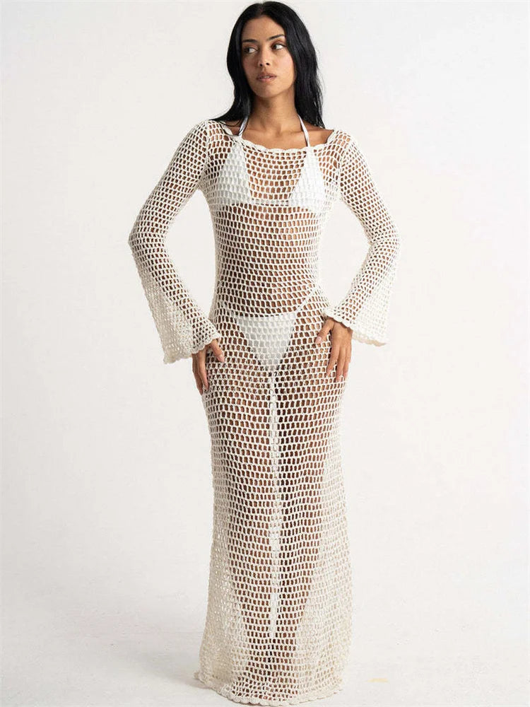 Hollow Out Knit See-Through  Long Sleeve Backless Beach Holiday Clothes New Casual Dress Mssaz Desses