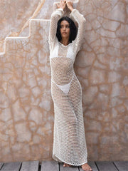 Hollow Out Knit See-Through  Long Sleeve Backless Beach Holiday Clothes New Casual Dress Mssaz Desses