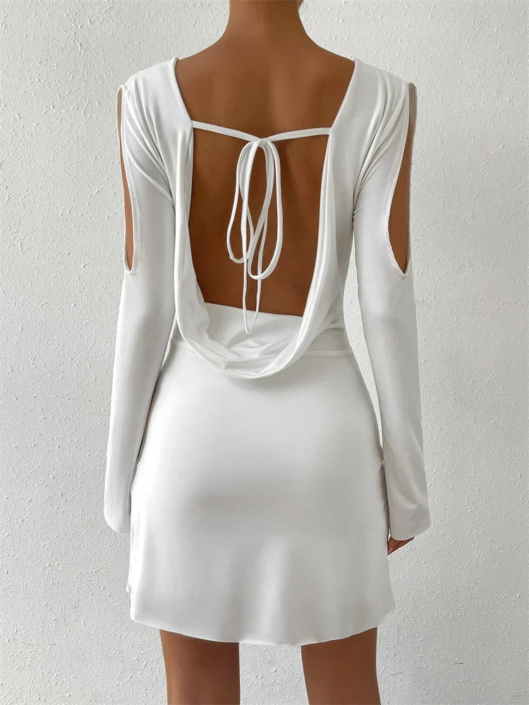 Hollow Lace-Up Female Long Sleeve Bandage Backless Elegant Solid Patchwork Casual Dress Mssaz Desses