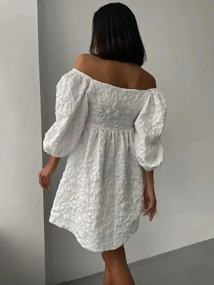 Jacquard V-neck Dress Bubble Sleeve Niche Design Solid Color Ladies Short Casual Dress Mssaz Desses