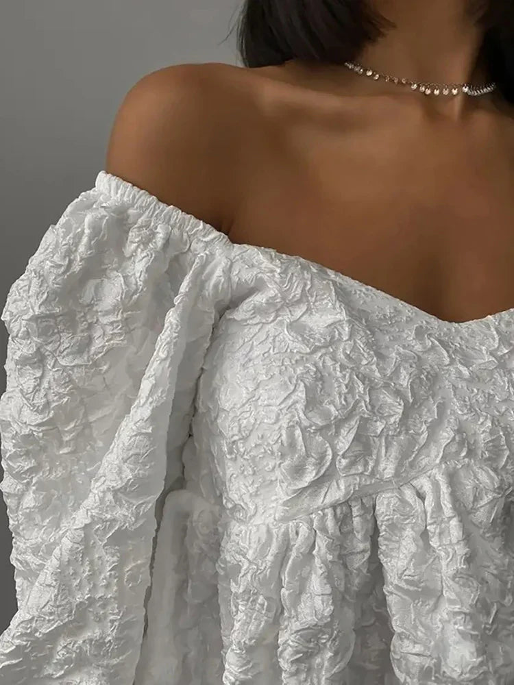 Jacquard V-neck Dress Bubble Sleeve Niche Design Solid Color Ladies Short Casual Dress Mssaz Desses