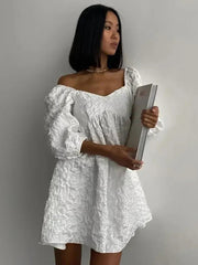 Jacquard V-neck Dress Bubble Sleeve Niche Design Solid Color Ladies Short Casual Dress Mssaz Desses