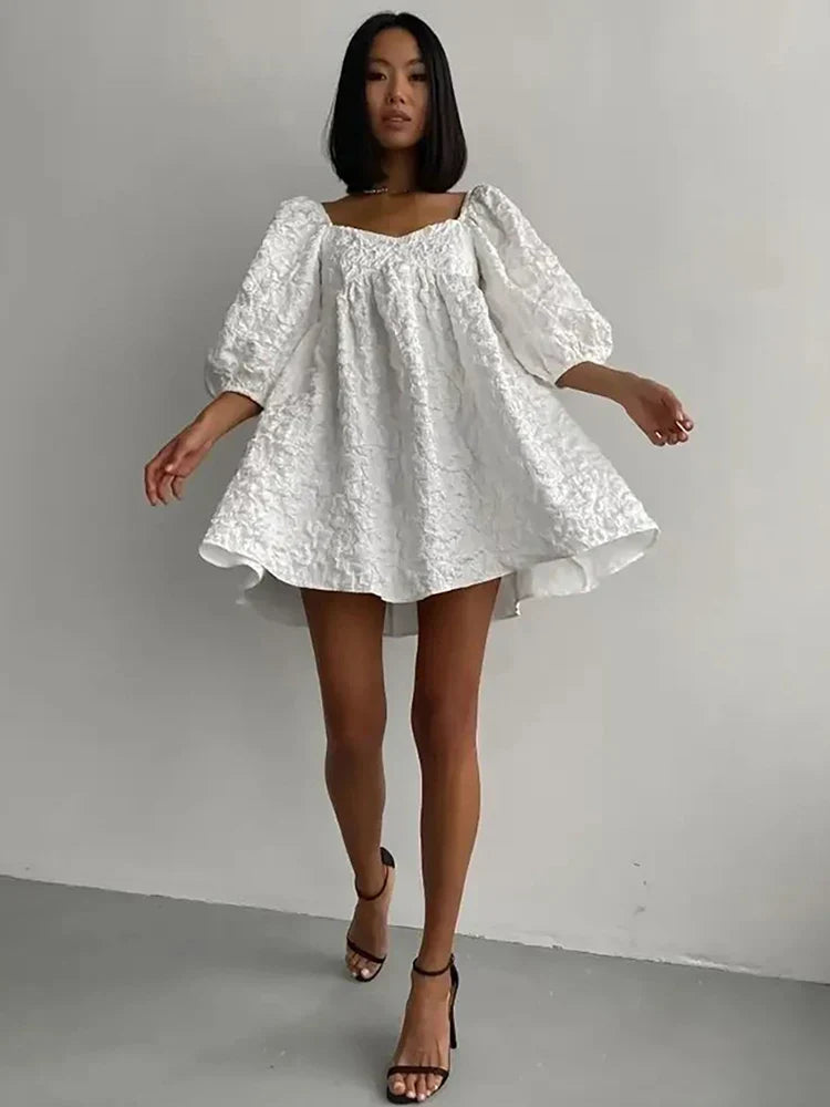 Jacquard V-neck Dress Bubble Sleeve Niche Design Solid Color Ladies Short Casual Dress Mssaz Desses