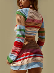 Knit Hollow Out Contrast Mini Female Long Sleeve High Waist Striped Loose Elegant Party Casual Dress Mssaz Desses
