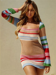 Knit Hollow Out Contrast Mini Female Long Sleeve High Waist Striped Loose Elegant Party Casual Dress Mssaz Desses