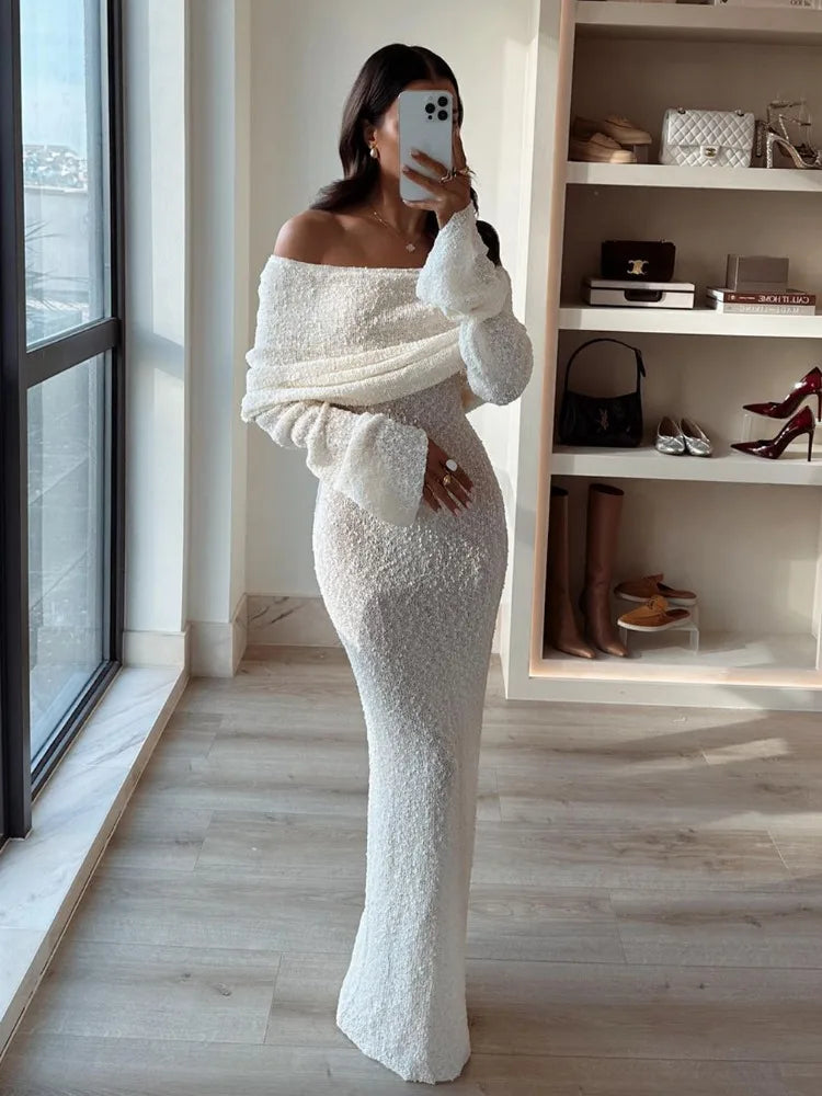 Hollow Out Off-Shoulder Female Cover Up Loose Long Sleeve Beach Party New Casual Dress Mssaz Desses