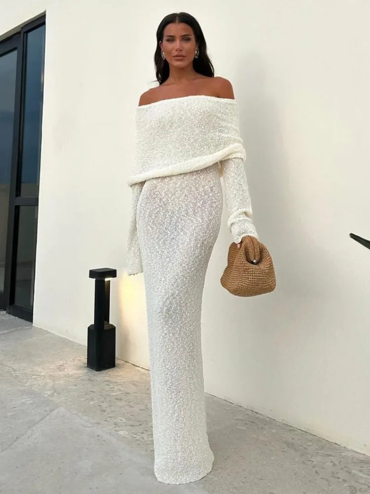 Hollow Out Off-Shoulder Female Cover Up Loose Long Sleeve Beach Party New Casual Dress Mssaz Desses