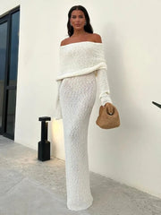 Hollow Out Off-Shoulder Female Cover Up Loose Long Sleeve Beach Party New Casual Dress Mssaz Desses