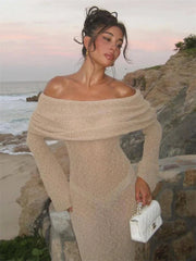 Hollow Out Off-Shoulder Female Cover Up Loose Long Sleeve Beach Party New Casual Dress Mssaz Desses