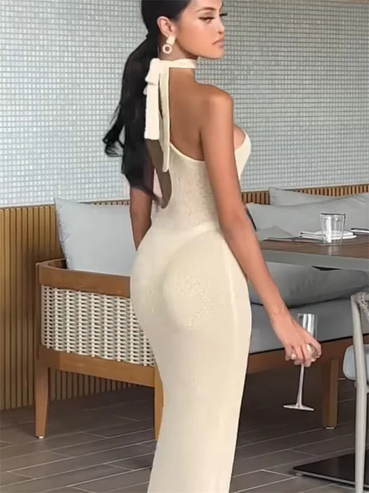Knit One-Shoulder Female Holiday Party Backless High Waist Lace-Up Sleeveless Casual Dress Mssaz Desses