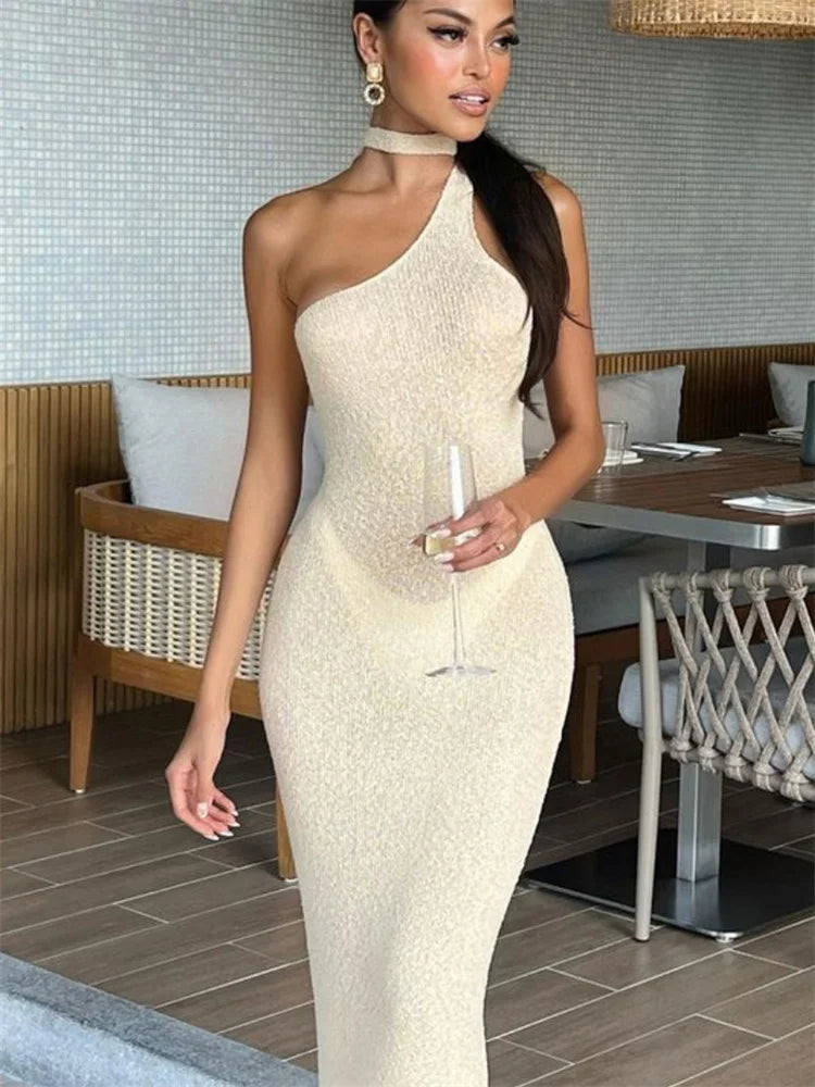 Knit One-Shoulder Female Holiday Party Backless High Waist Lace-Up Sleeveless Casual Dress Mssaz Desses