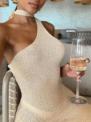 Knit One-Shoulder Female Holiday Party Backless High Waist Lace-Up Sleeveless Casual Dress Mssaz Desses