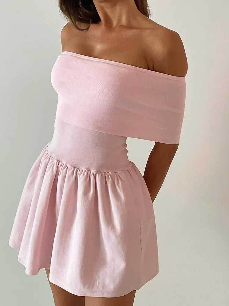 Knitted Off Shoulder Patchwork Ruffled Edge Slash Neck Solid Beach Holiday Princess Cover Up  Dress Mssaz Desses