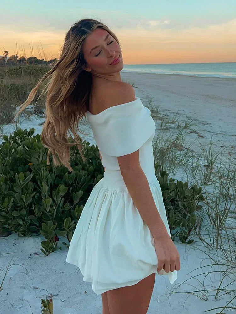 Knitted Off Shoulder Patchwork Ruffled Edge Slash Neck Solid Beach Holiday Princess Cover Up  Dress Mssaz Desses