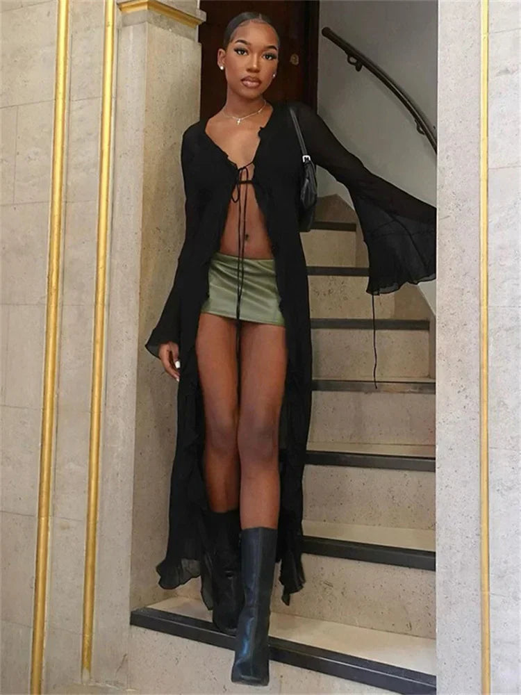 Mesh Ruffled Lace-Up Beach Holiday Black See-Through Cardigan Patchwork Bandage Cover Casual Dress Mssaz Desses