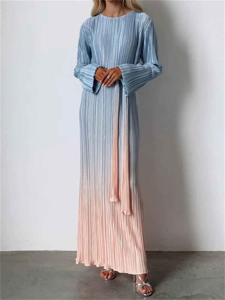 Gradient Lace Up New Sleeved Loose Pullover High Waist Party Casual Dress Mssaz Desses