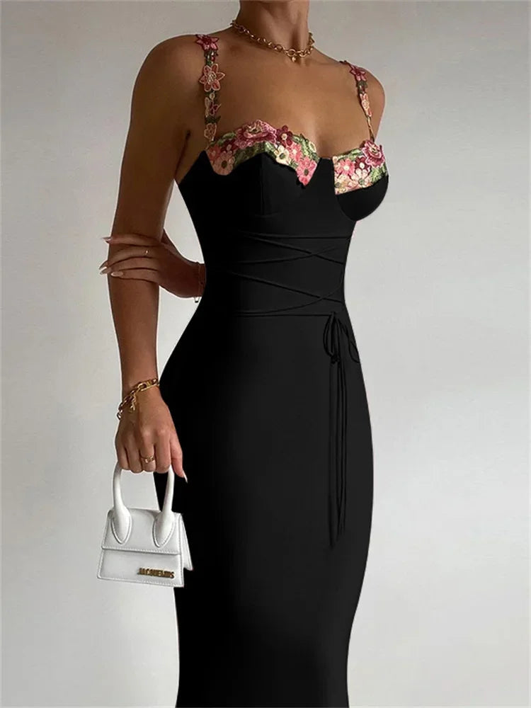 Printed Bandage Long Dress Female Slim Sleeveless High Waist Spaghetti Patchwork Party Casual Dress Mssaz Desses