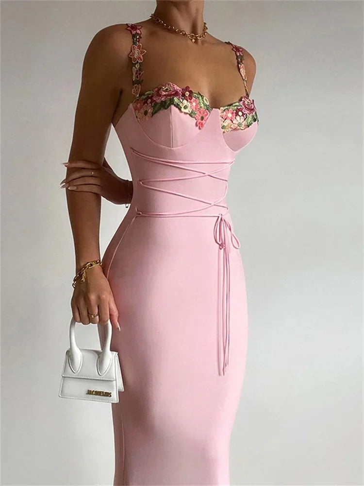 Printed Bandage Long Dress Female Slim Sleeveless High Waist Spaghetti Patchwork Party Casual Dress Mssaz Desses