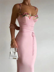 Printed Bandage Long Dress Female Slim Sleeveless High Waist Spaghetti Patchwork Party Casual Dress Mssaz Desses