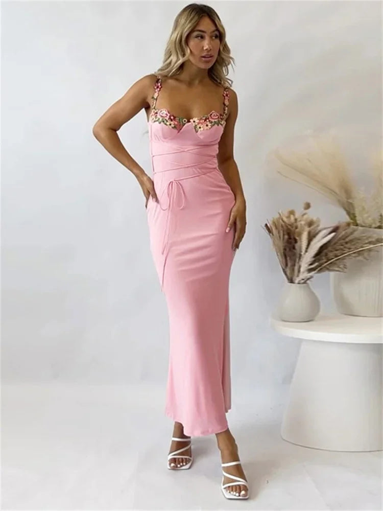 Printed Bandage Long Dress Female Slim Sleeveless High Waist Spaghetti Patchwork Party Casual Dress Mssaz Desses