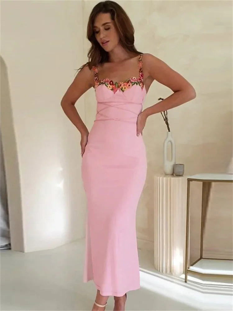 Printed Bandage Long Dress Female Slim Sleeveless High Waist Spaghetti Patchwork Party Casual Dress Mssaz Desses