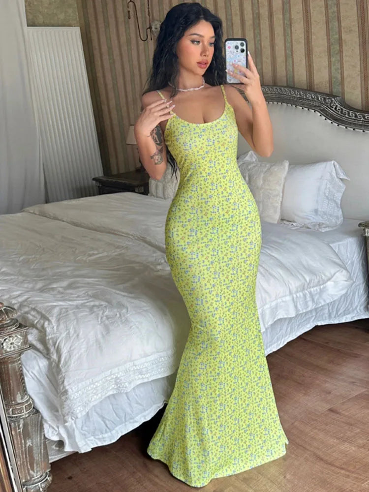 Printed Halter Dresses For Backless  Slim Bandage High Waist Spaghetti Maxi Party Casual Dress Mssaz Desses