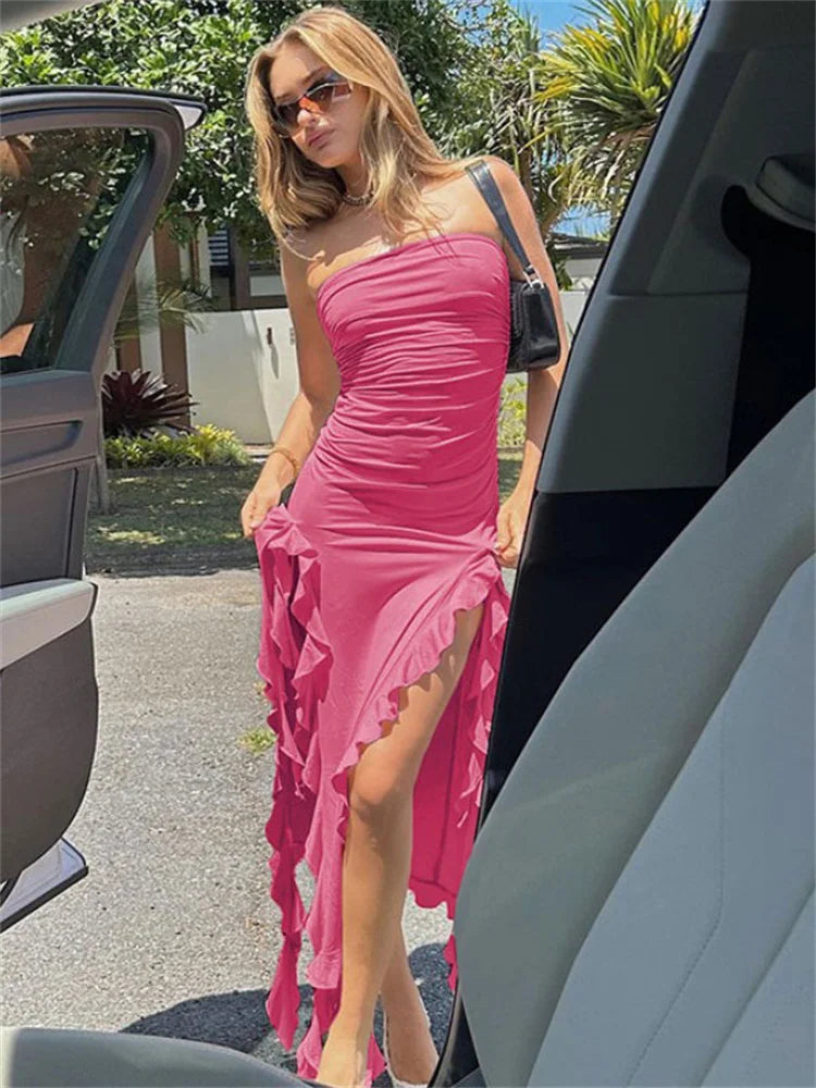 Split Hollow Out Solid Off-Shoulder Evening For  Slim Midi Casual Dress Mssaz Desses