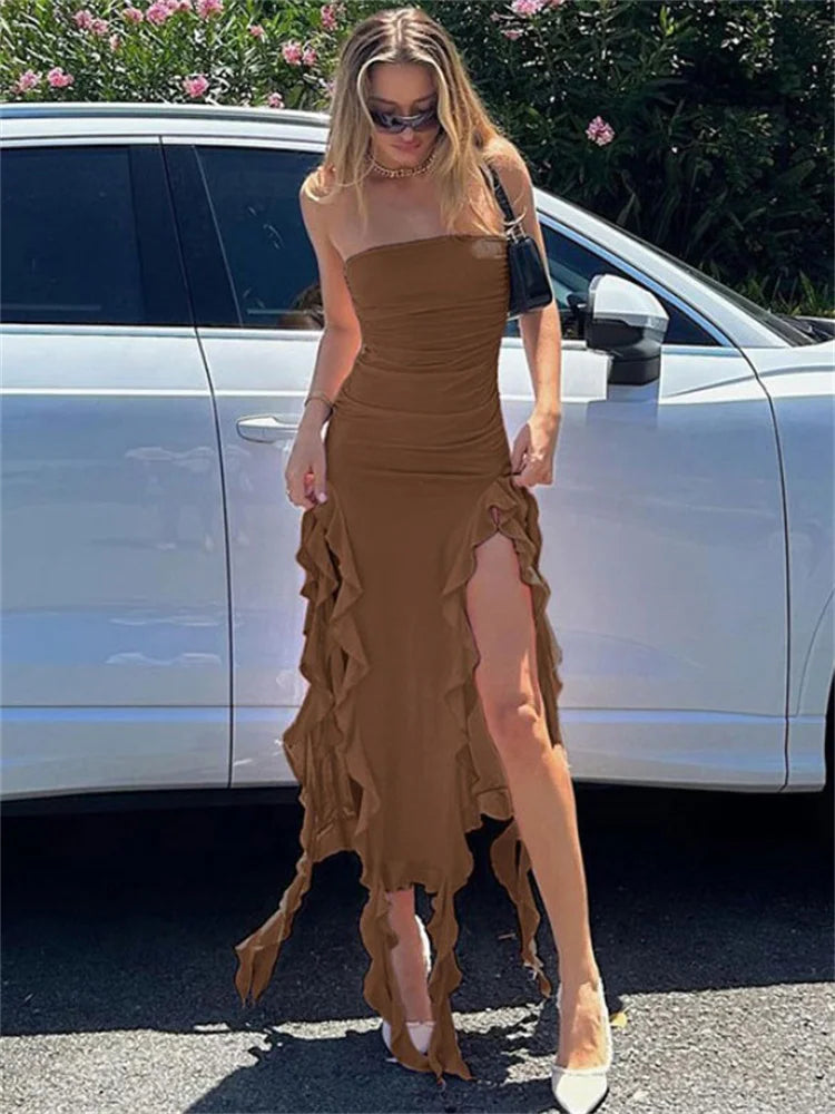 Split Hollow Out Solid Off-Shoulder Evening For  Slim Midi Casual Dress Mssaz Desses