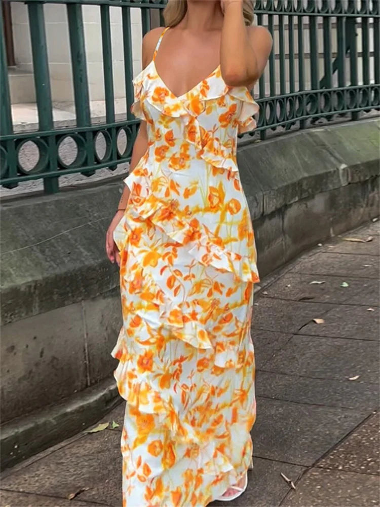 V-Neck Backless Spaghetti High Waist Party Dress  Long Casual Dress Mssaz Desses