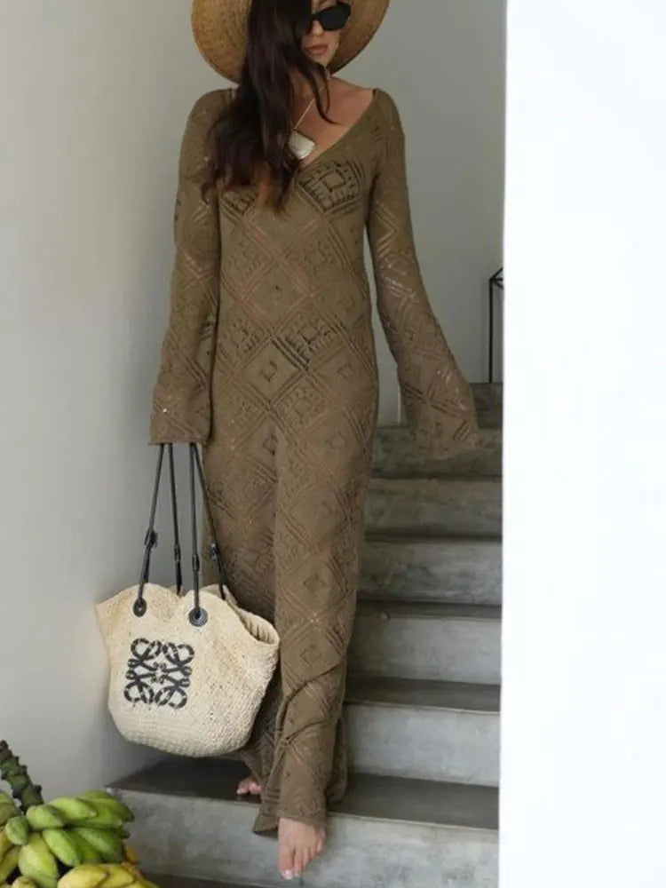 Sleeve Backless Hollow Out Holiday Beach Outfits V-Neck Pullover Casual Dress Mssaz Desses