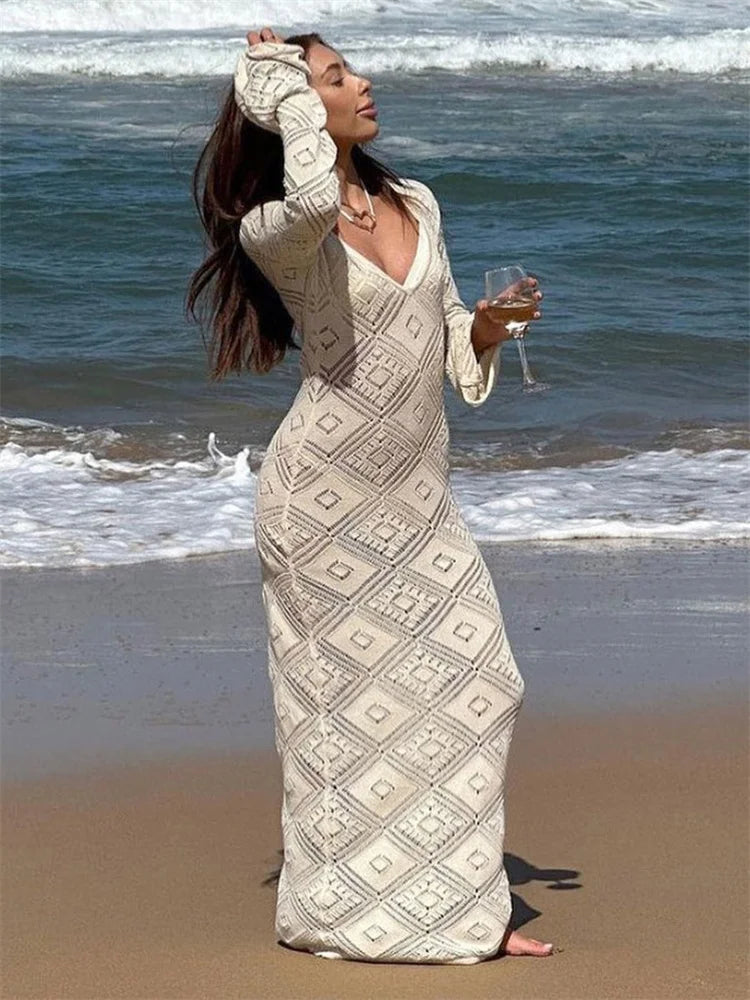 Sleeve Backless Hollow Out Holiday Beach Outfits V-Neck Pullover Casual Dress Mssaz Desses