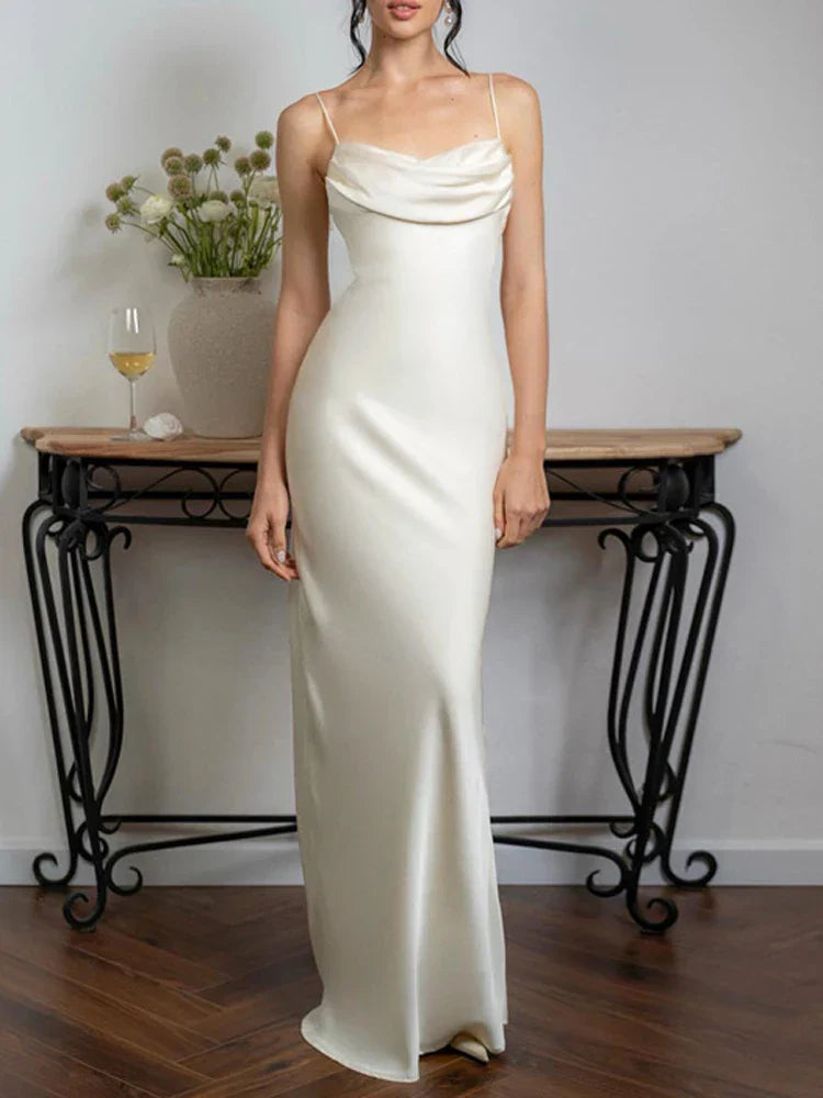 Spaghetti Long Dress Backless Pleated Solid High Waist Elegant Party Halter New Casual Dress Mssaz Desses