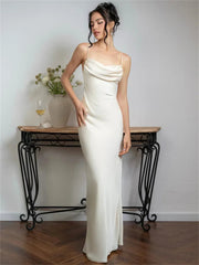 Spaghetti Long Dress Backless Pleated Solid High Waist Elegant Party Halter New Casual Dress Mssaz Desses
