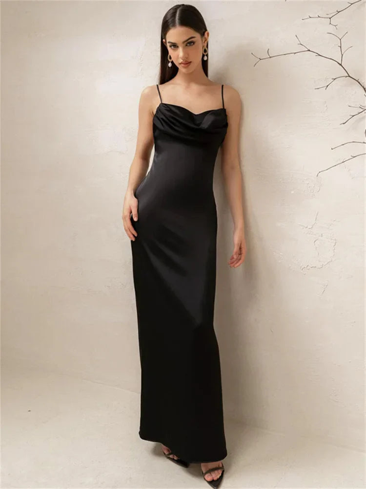 Spaghetti Long Dress Backless Pleated Solid High Waist Elegant Party Halter New Casual Dress Mssaz Desses