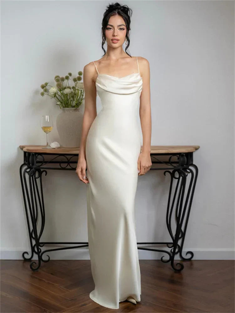 Spaghetti Long Dress Backless Pleated Solid High Waist Elegant Party Halter New Casual Dress Mssaz Desses