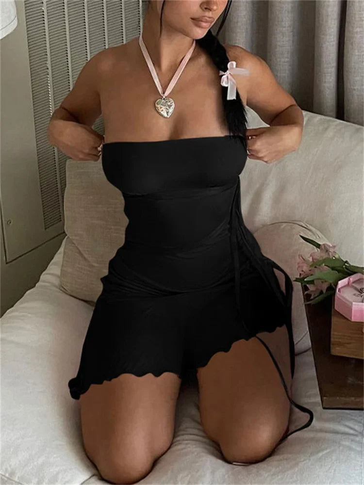 Backless Bodycon Party Pink Ruffle Pleated Short Drawstring  Casual Dress Mssaz Desses