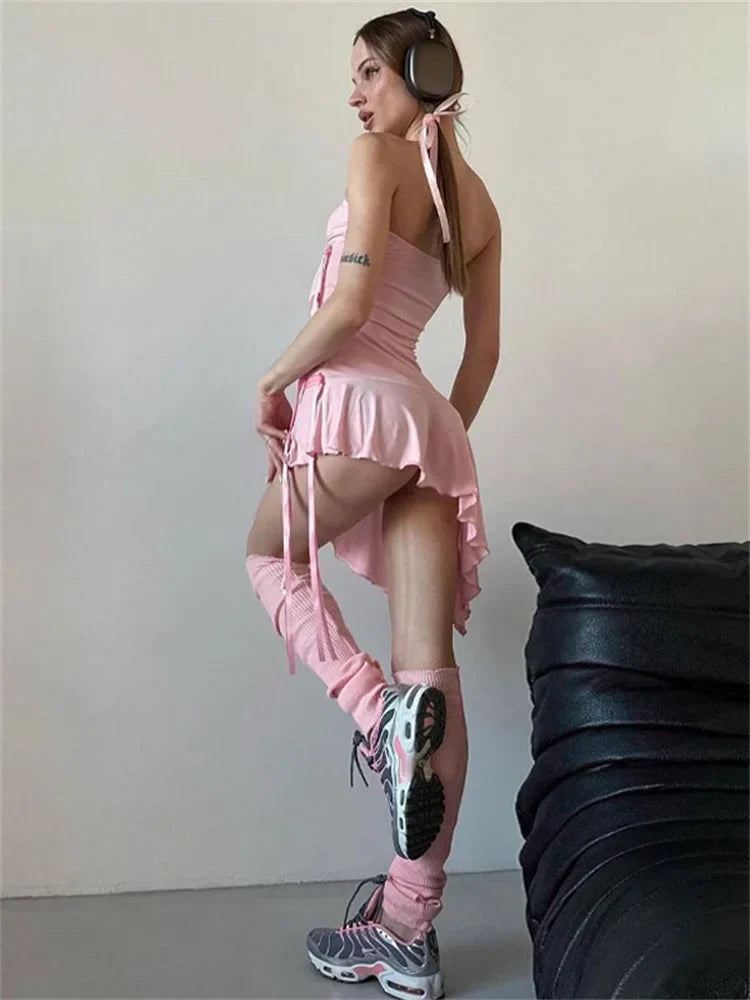 Backless Bodycon Party Pink Ruffle Pleated Short Drawstring  Casual Dress Mssaz Desses