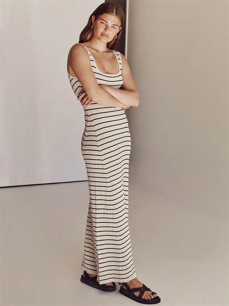 Knit Backless Scoop Neck Sleeveless Slim Elegant Party Spaghetti Holiday Beach Casual Dress Mssaz Desses