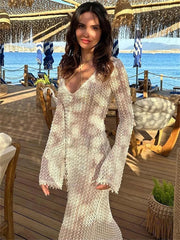 Hollow Out V-Neck Beach Holiday See-Through  High Waist Long Casual Dress Mssaz Desses