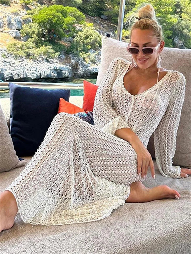 Hollow Out V-Neck Beach Holiday See-Through  High Waist Long Casual Dress Mssaz Desses
